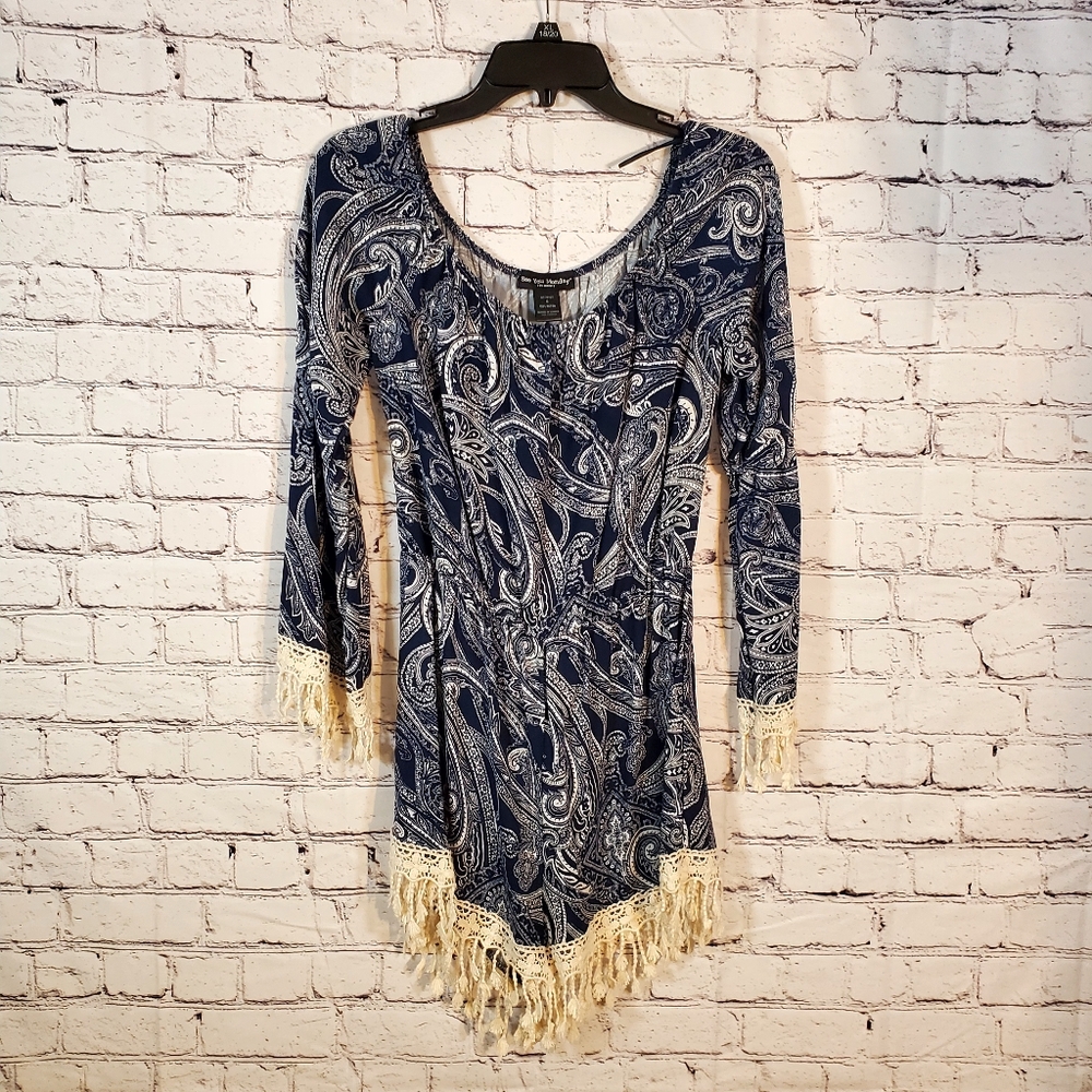 See You Monday Blue and White Paisley Fringe Romper